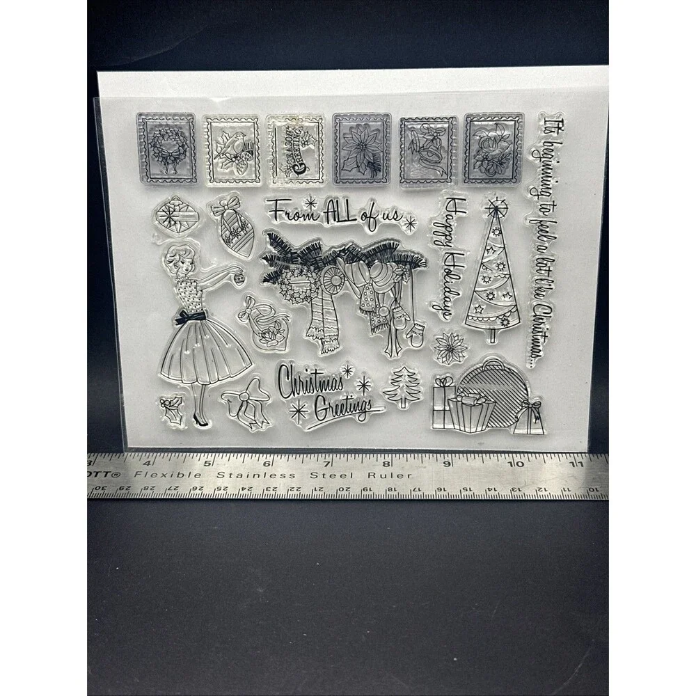 Happy Holidays 21 Vintage look Christmas Cling Stamp Set Retro Cardmaking UK 50s